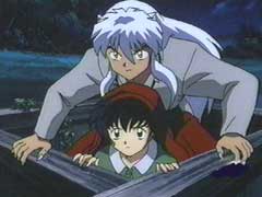 Kagome and Inuyasha jumping out of the well...