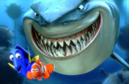 Bruce (Shark), Dory (blue), and Marlin (orange)...